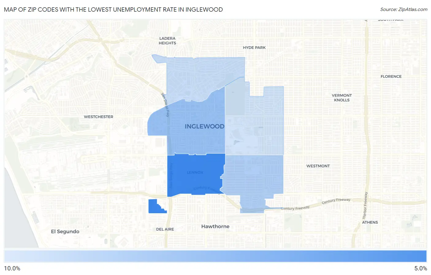 Zip Codes with the Lowest Unemployment Rate in Inglewood Map