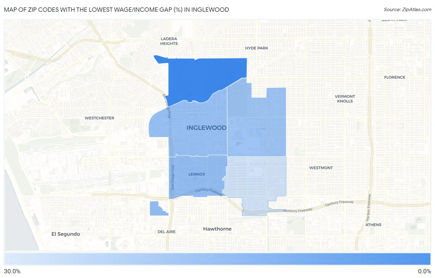 Zip Codes with the Lowest Wage/Income Gap (%) in Inglewood Map