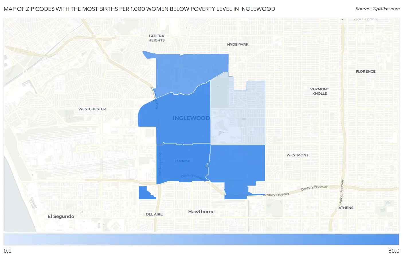 Zip Codes with the Most Births per 1,000 Women Below Poverty Level in Inglewood Map