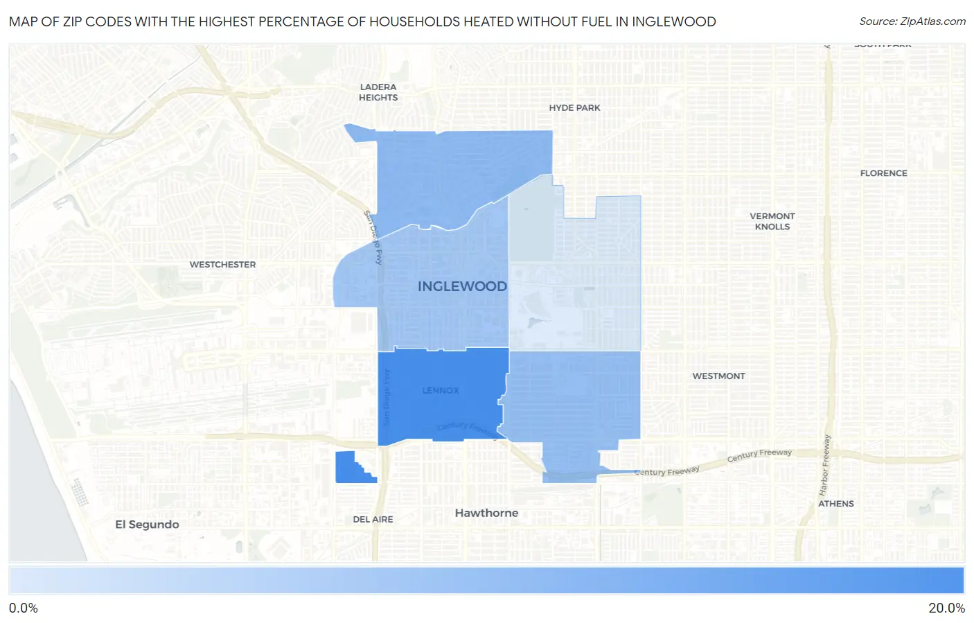 Zip Codes with the Highest Percentage of Households Heated without Fuel in Inglewood Map