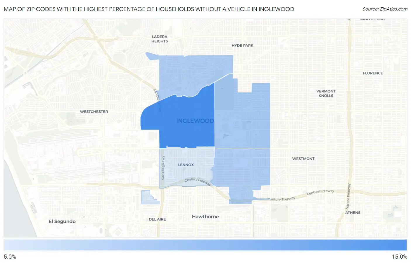 Zip Codes with the Highest Percentage of Households Without a Vehicle in Inglewood Map