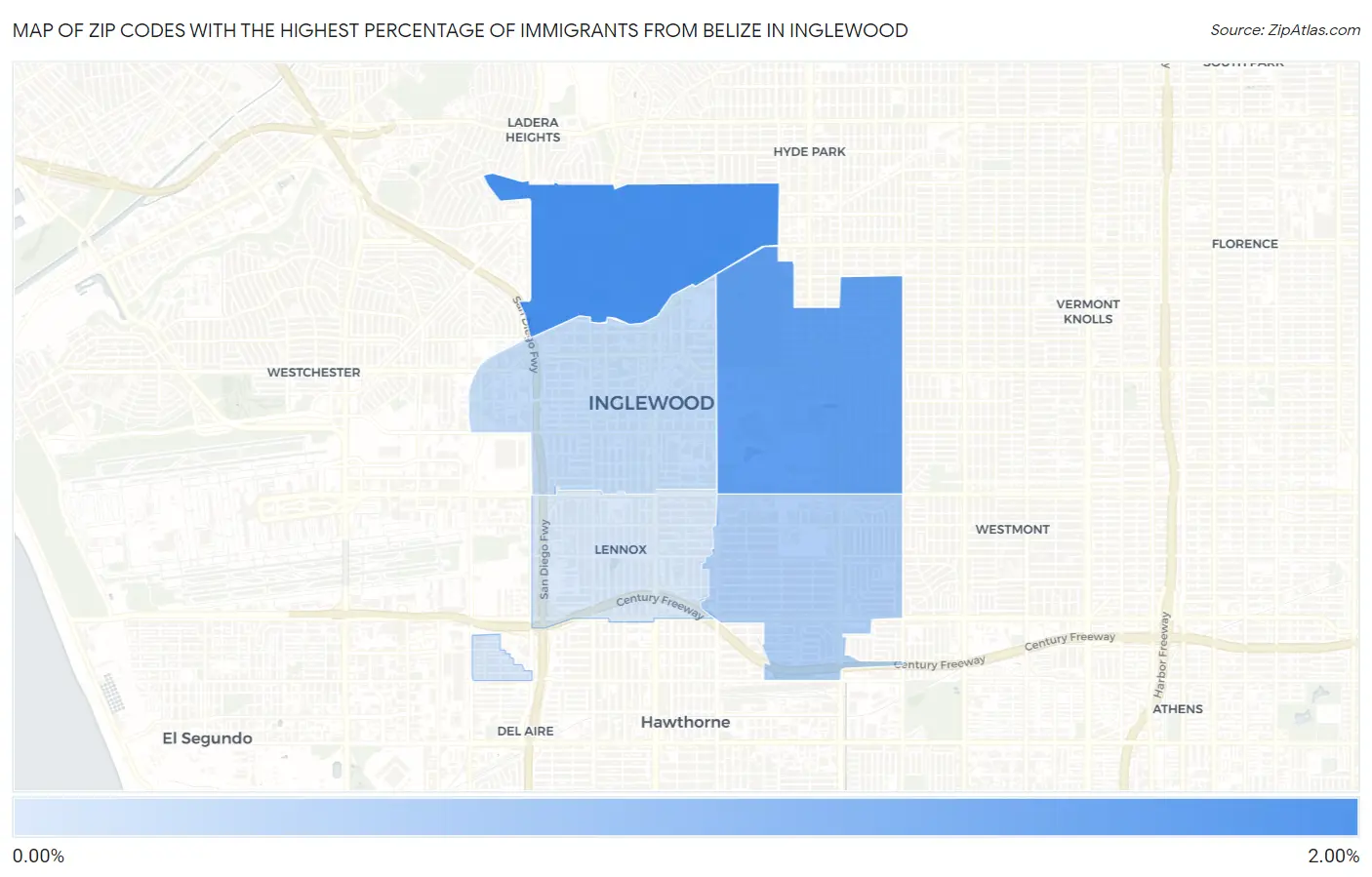 Zip Codes with the Highest Percentage of Immigrants from Belize in Inglewood Map