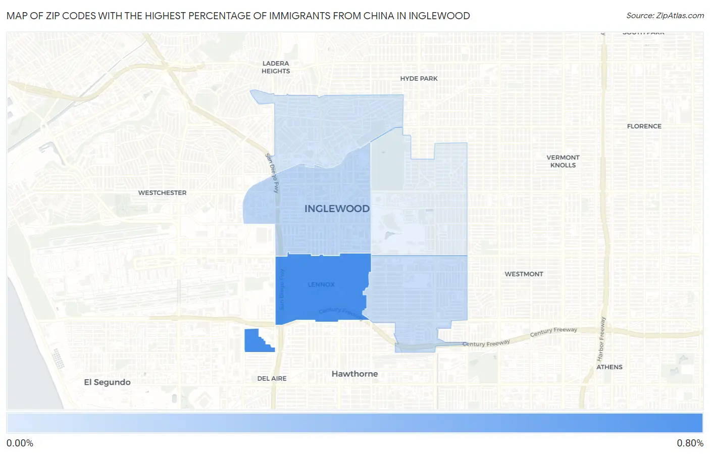 Zip Codes with the Highest Percentage of Immigrants from China in Inglewood Map
