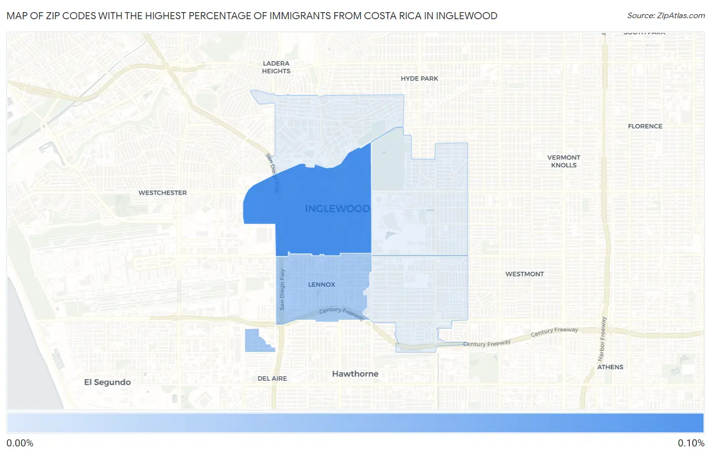 Zip Codes with the Highest Percentage of Immigrants from Costa Rica in Inglewood Map