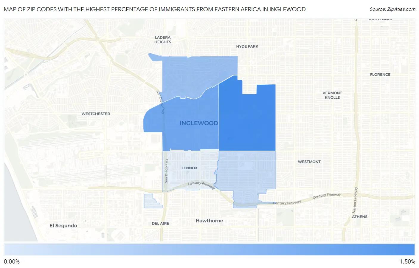 Zip Codes with the Highest Percentage of Immigrants from Eastern Africa in Inglewood Map