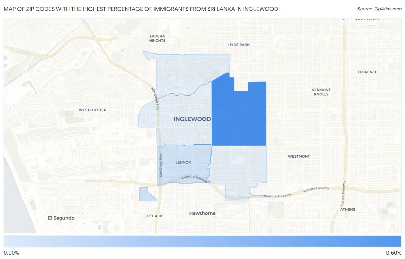 Zip Codes with the Highest Percentage of Immigrants from Sri Lanka in Inglewood Map