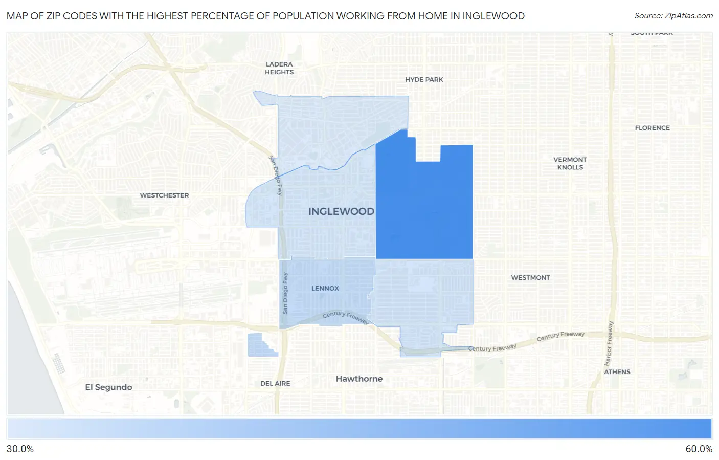 Zip Codes with the Highest Percentage of Population Working from Home in Inglewood Map