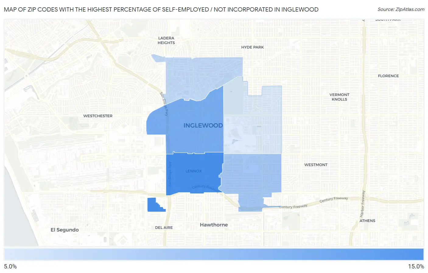 Zip Codes with the Highest Percentage of Self-Employed / Not Incorporated in Inglewood Map