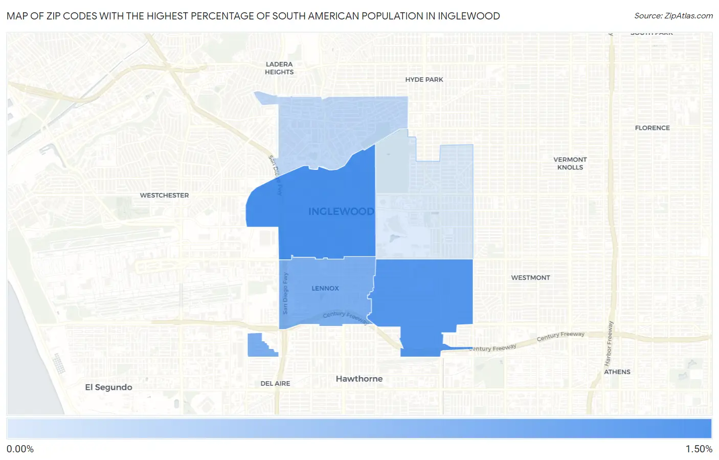 Zip Codes with the Highest Percentage of South American Population in Inglewood Map