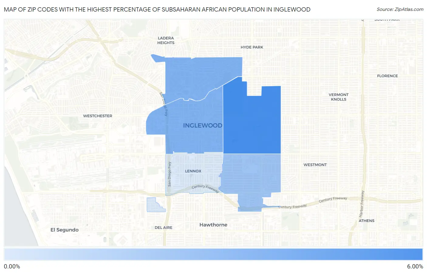 Zip Codes with the Highest Percentage of Subsaharan African Population in Inglewood Map