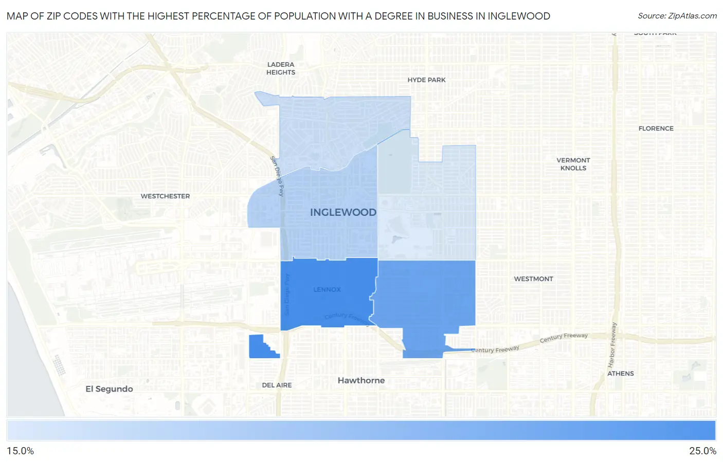 Zip Codes with the Highest Percentage of Population with a Degree in Business in Inglewood Map