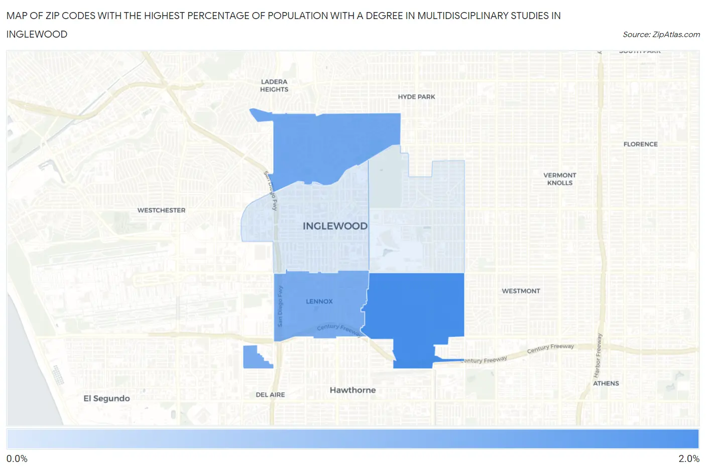 Zip Codes with the Highest Percentage of Population with a Degree in Multidisciplinary Studies in Inglewood Map