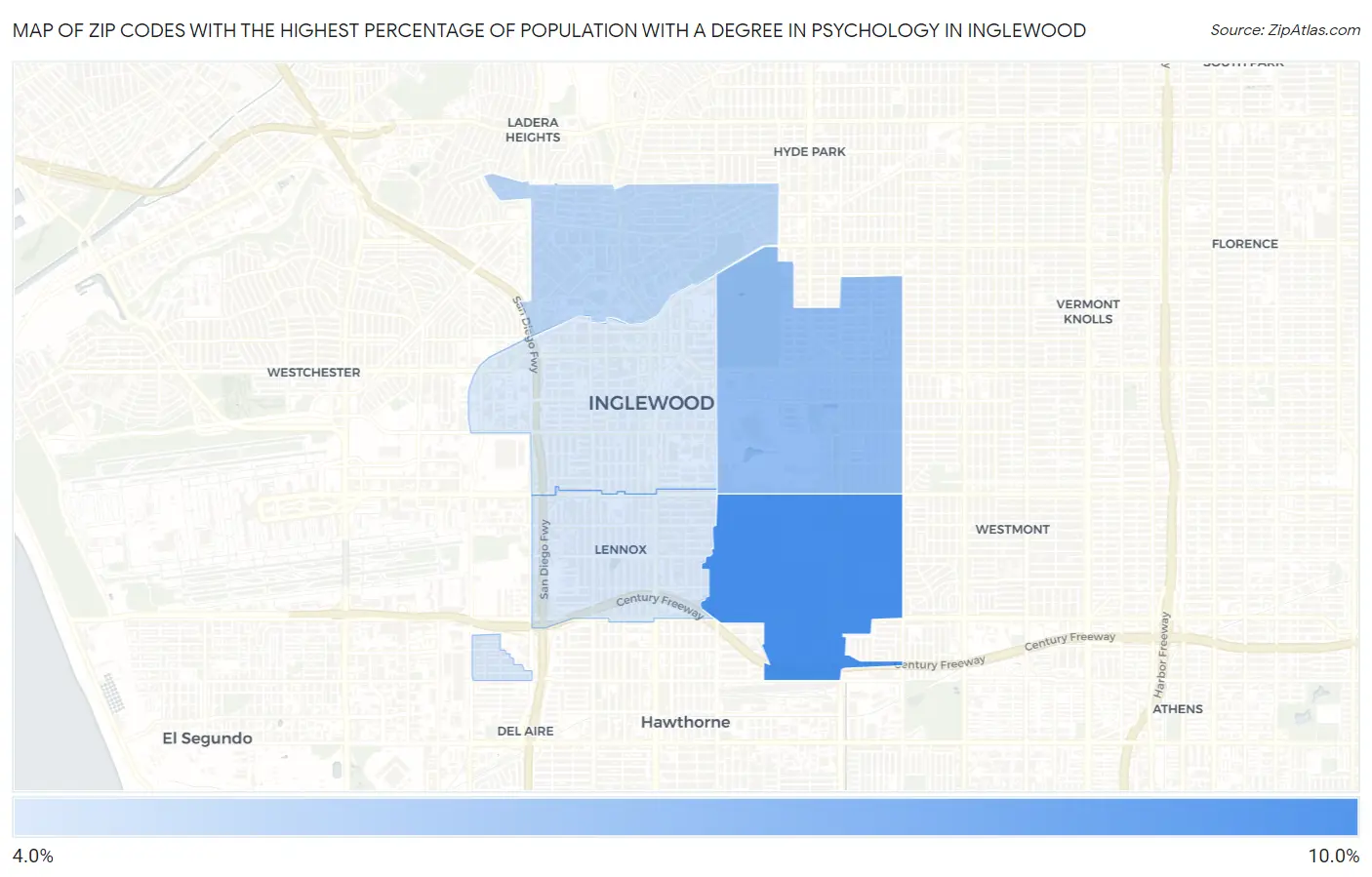 Zip Codes with the Highest Percentage of Population with a Degree in Psychology in Inglewood Map