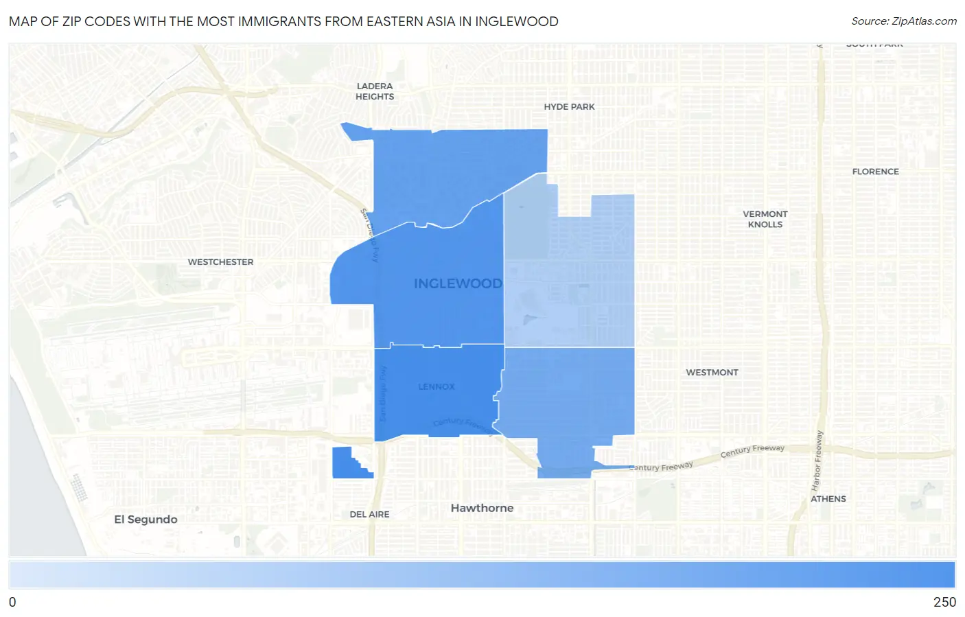 Zip Codes with the Most Immigrants from Eastern Asia in Inglewood Map