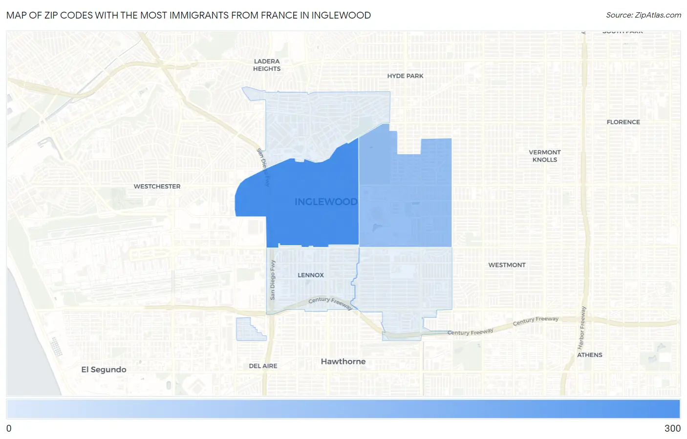 Zip Codes with the Most Immigrants from France in Inglewood Map
