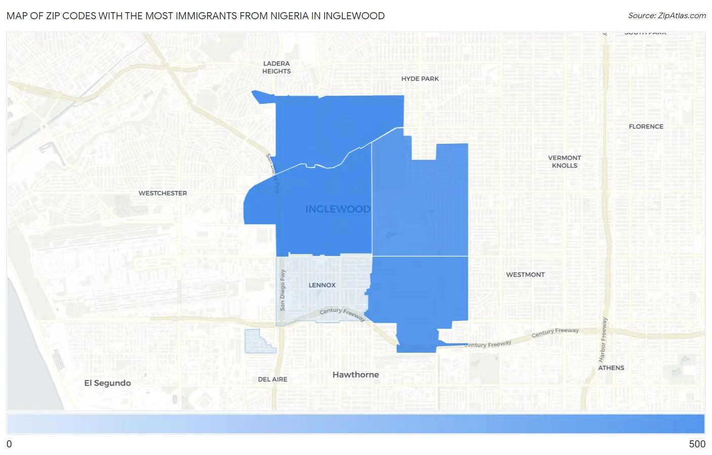 Zip Codes with the Most Immigrants from Nigeria in Inglewood Map