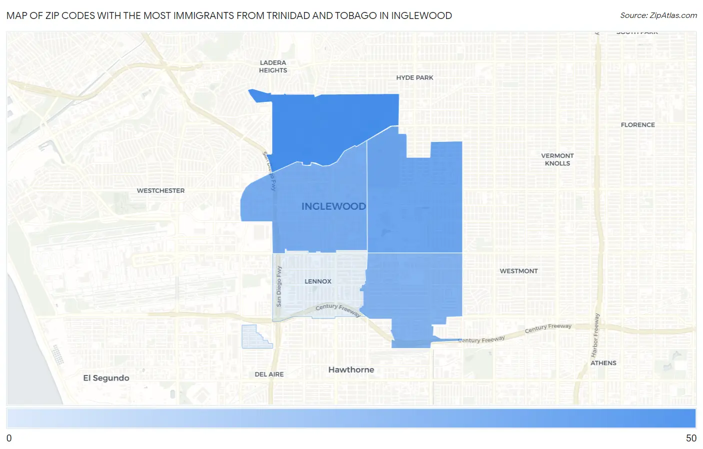 Zip Codes with the Most Immigrants from Trinidad and Tobago in Inglewood Map