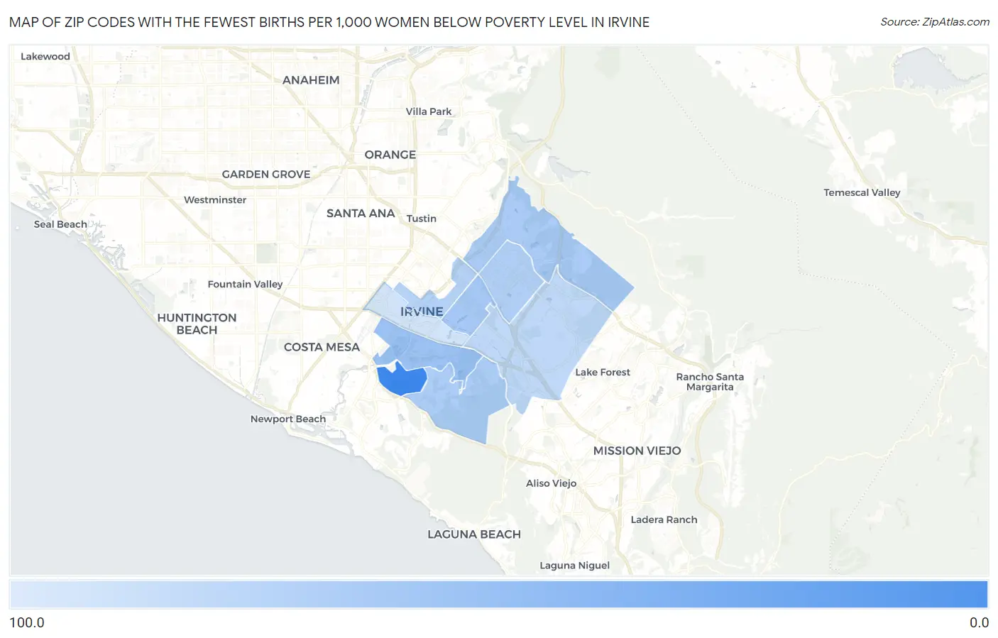 Zip Codes with the Fewest Births per 1,000 Women Below Poverty Level in Irvine Map