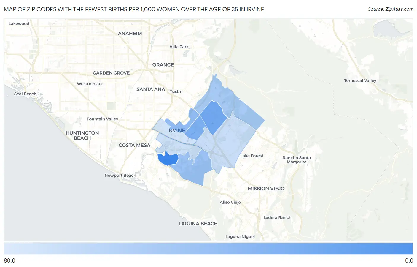 Zip Codes with the Fewest Births per 1,000 Women Over the Age of 35 in Irvine Map