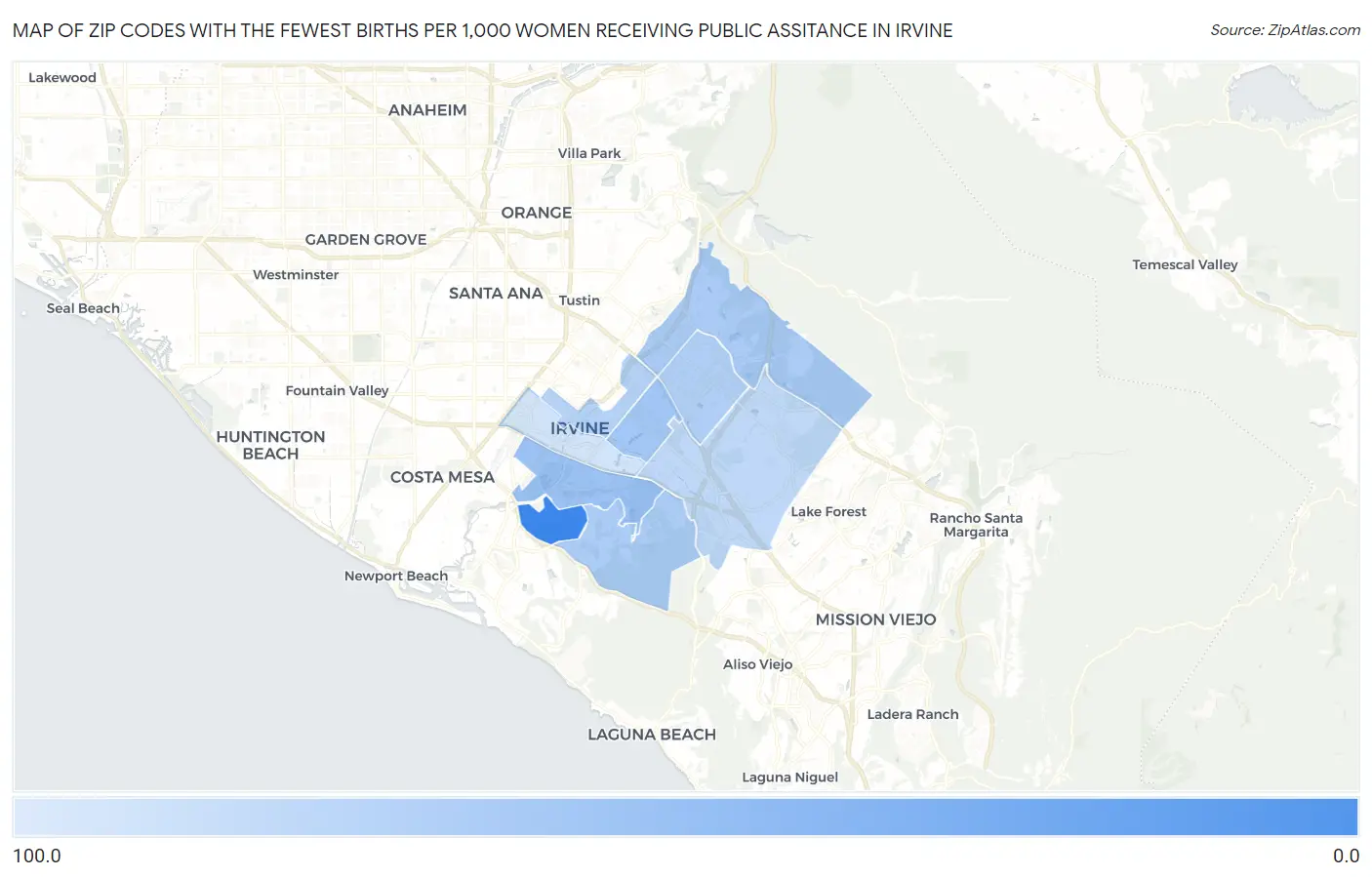 Zip Codes with the Fewest Births per 1,000 Women Receiving Public Assitance in Irvine Map