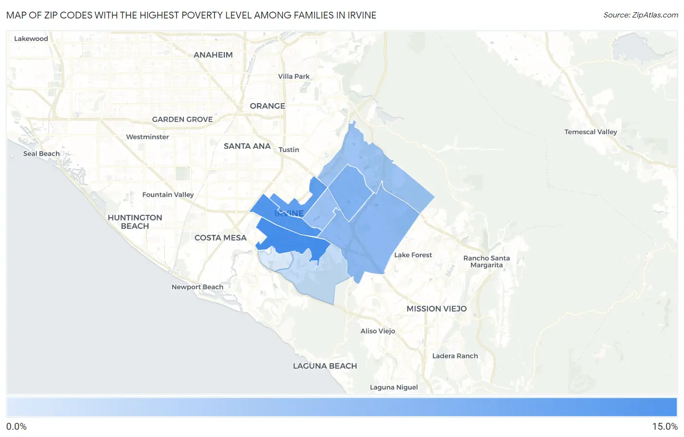 Zip Codes with the Highest Poverty Level Among Families in Irvine Map