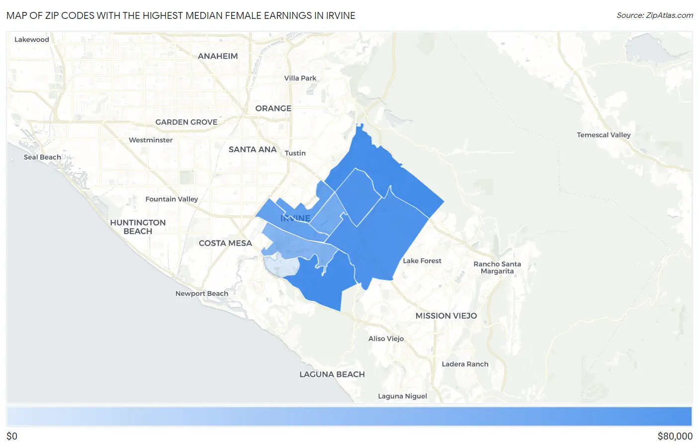 Zip Codes with the Highest Median Female Earnings in Irvine Map