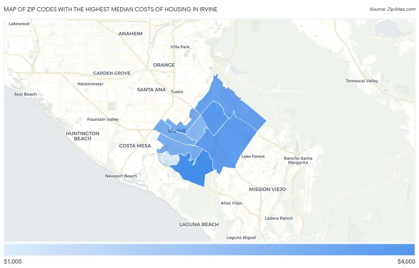 Zip Codes with the Highest Median Costs of Housing in Irvine Map