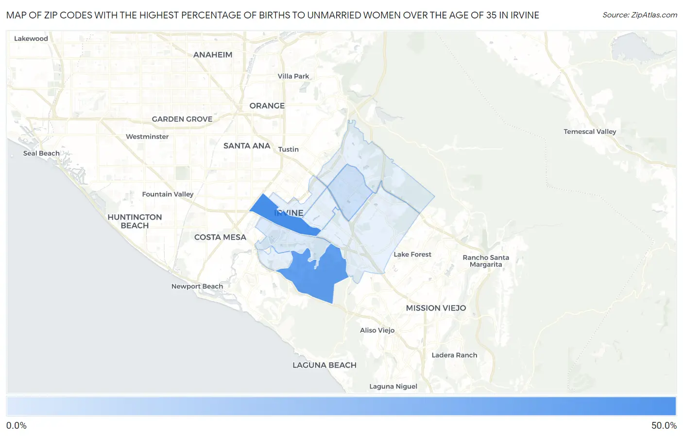 Zip Codes with the Highest Percentage of Births to Unmarried Women over the Age of 35 in Irvine Map