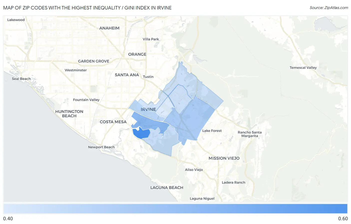 Zip Codes with the Highest Inequality / Gini Index in Irvine Map