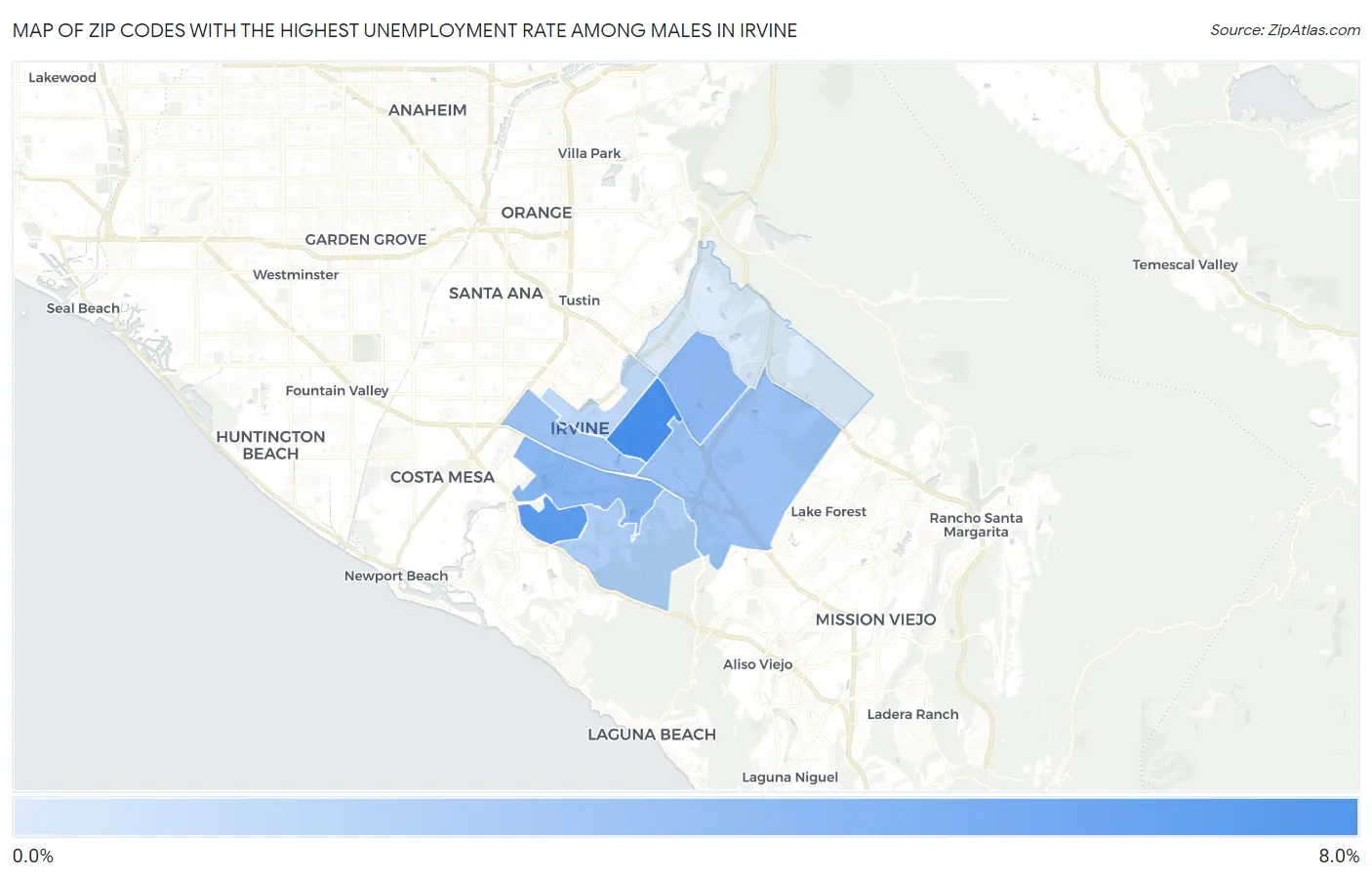 Zip Codes with the Highest Unemployment Rate Among Males in Irvine Map
