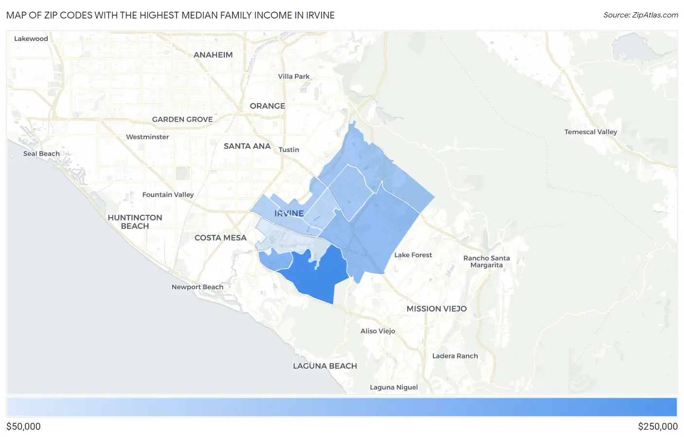 Zip Codes with the Highest Median Family Income in Irvine Map