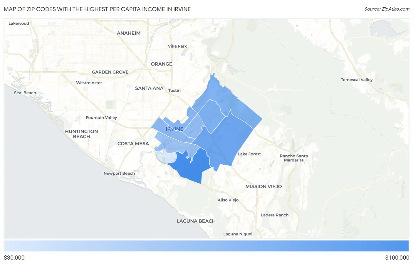 Zip Codes with the Highest Per Capita Income in Irvine Map