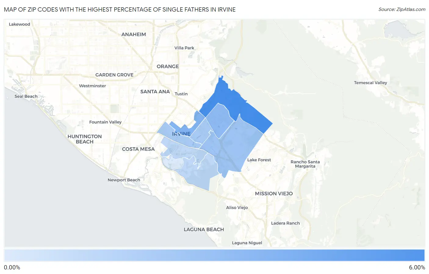 Zip Codes with the Highest Percentage of Single Fathers in Irvine Map
