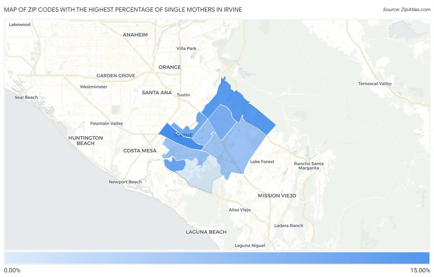 Zip Codes with the Highest Percentage of Single Mothers in Irvine Map