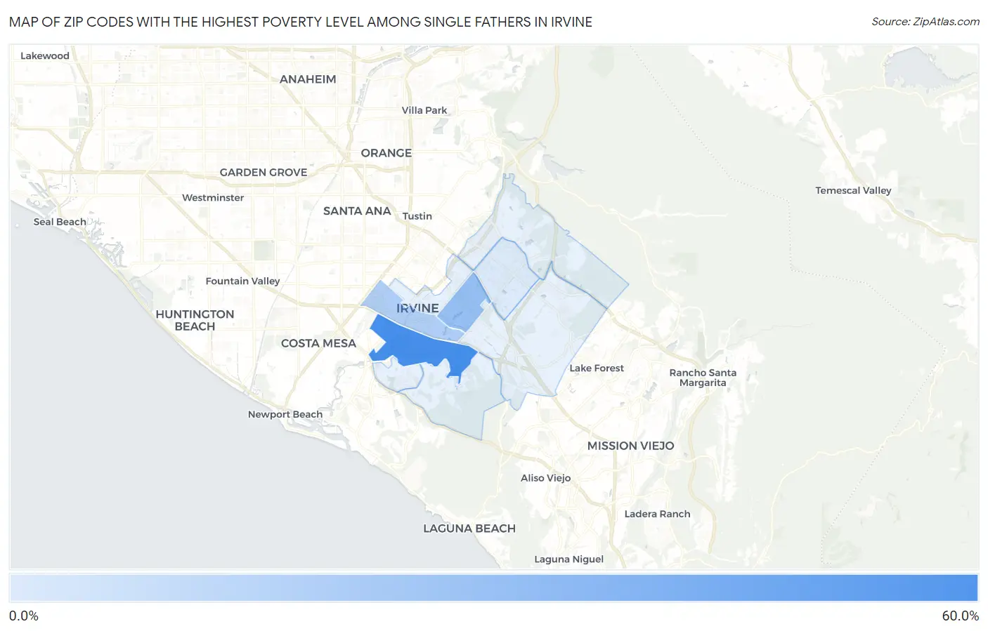 Zip Codes with the Highest Poverty Level Among Single Fathers in Irvine Map