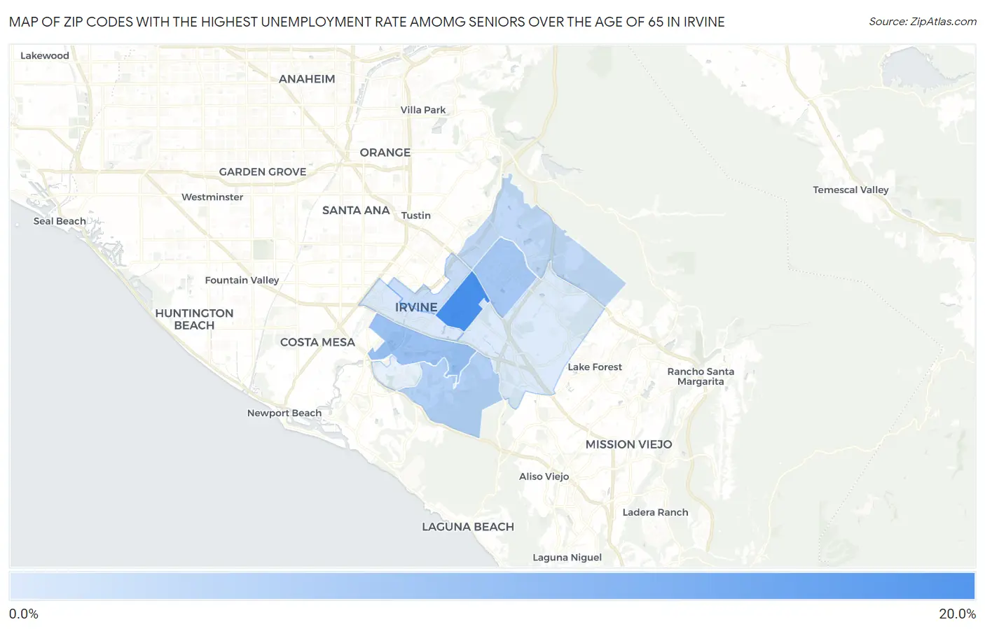 Zip Codes with the Highest Unemployment Rate Amomg Seniors Over the Age of 65 in Irvine Map