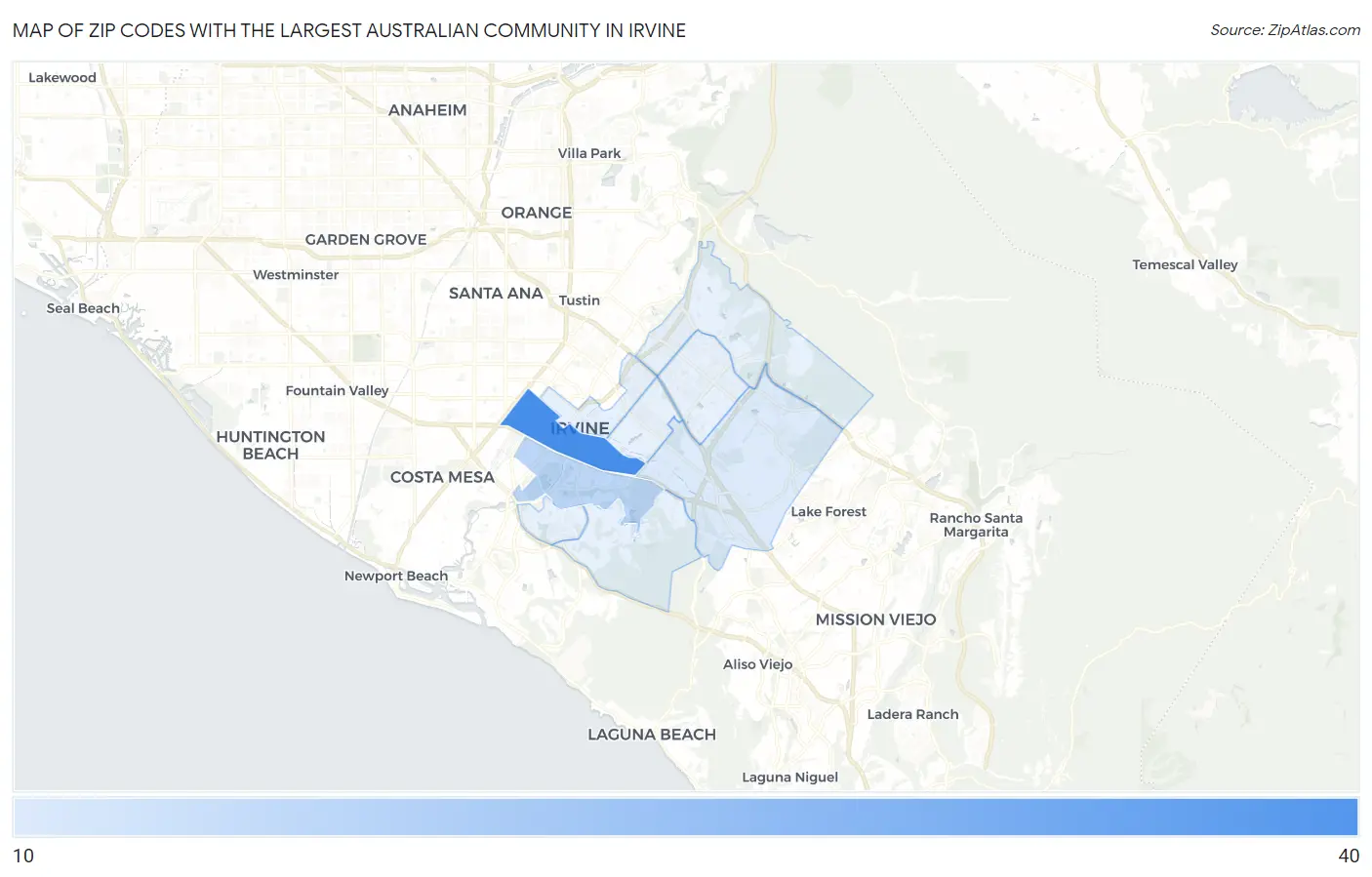 Zip Codes with the Largest Australian Community in Irvine Map