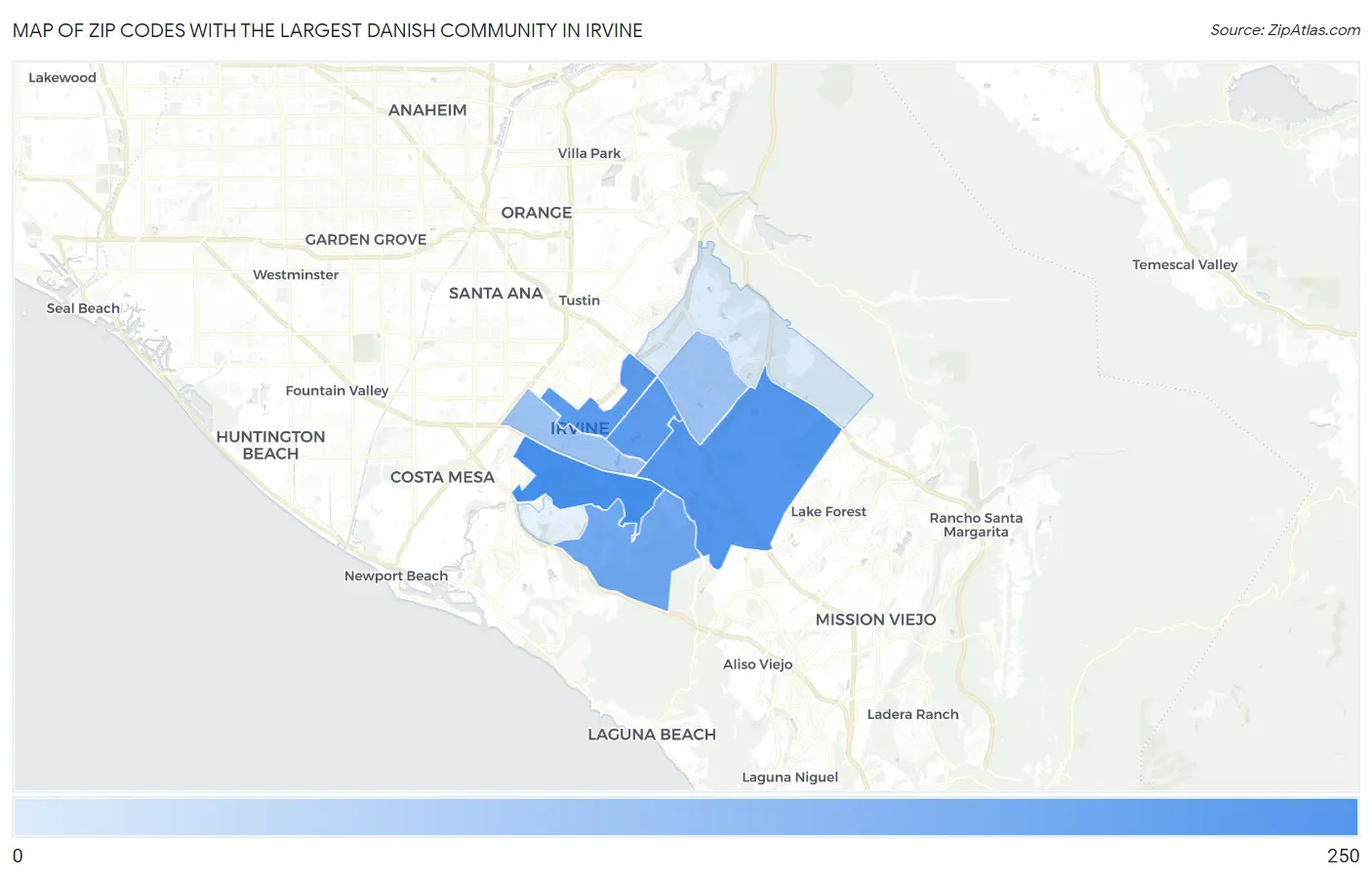 Zip Codes with the Largest Danish Community in Irvine Map