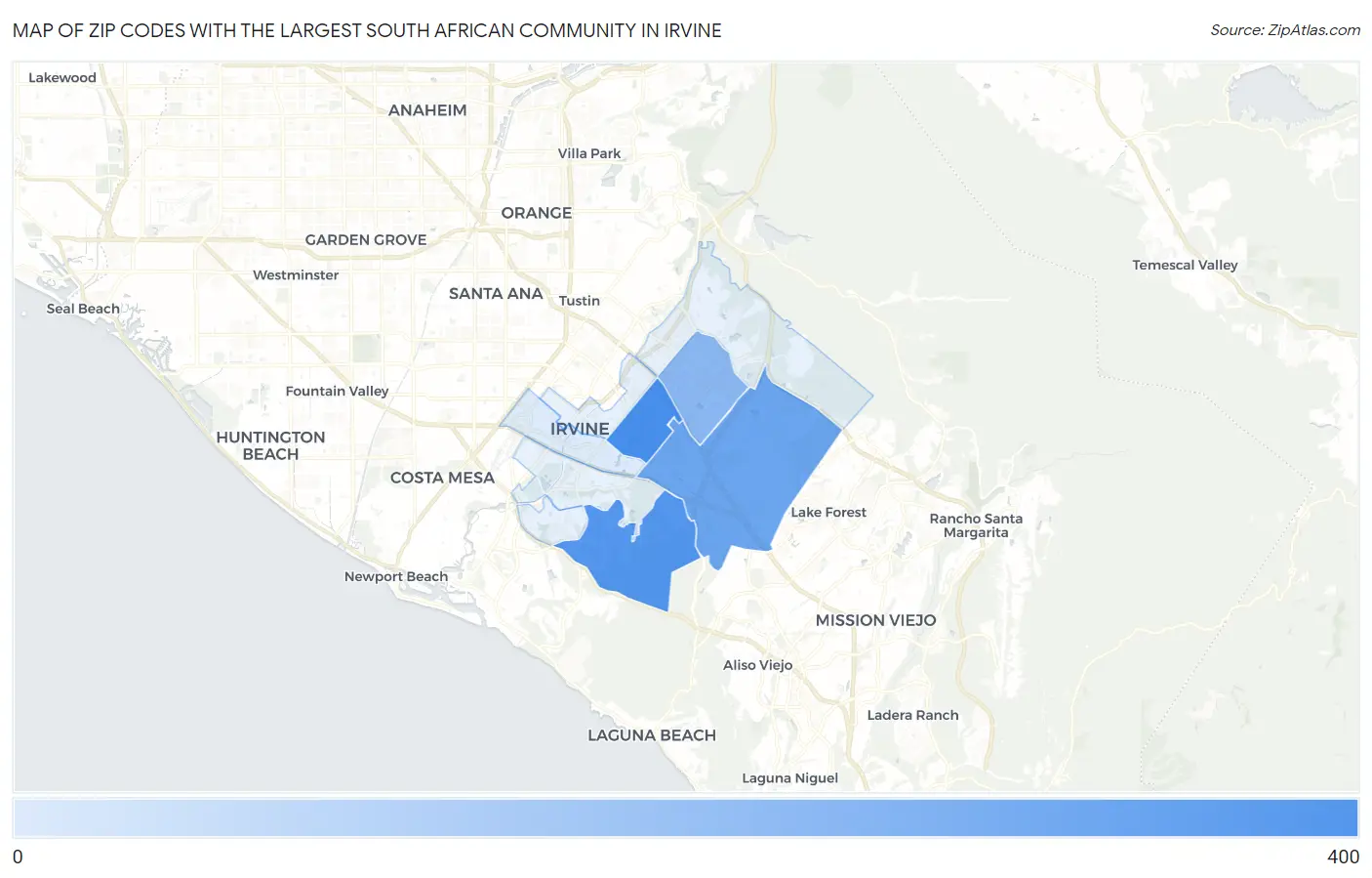 Zip Codes with the Largest South African Community in Irvine Map