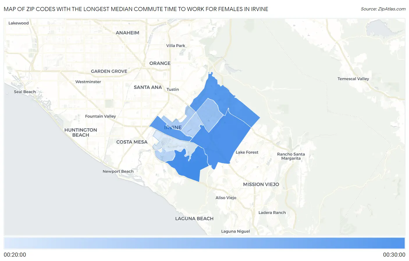 Zip Codes with the Longest Median Commute Time to Work for Females in Irvine Map
