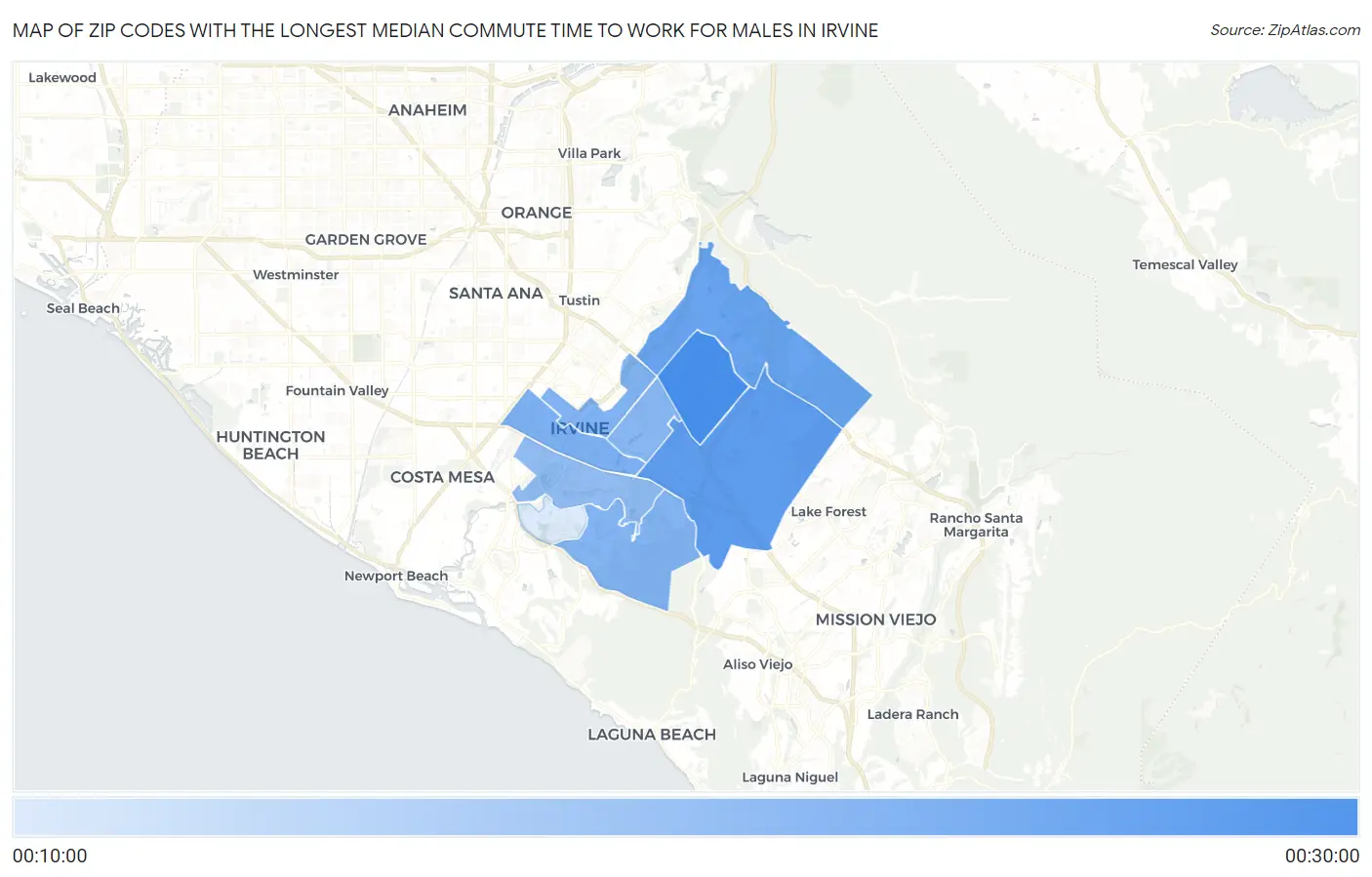 Zip Codes with the Longest Median Commute Time to Work for Males in Irvine Map