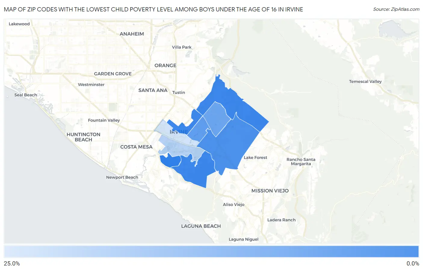 Zip Codes with the Lowest Child Poverty Level Among Boys Under the Age of 16 in Irvine Map