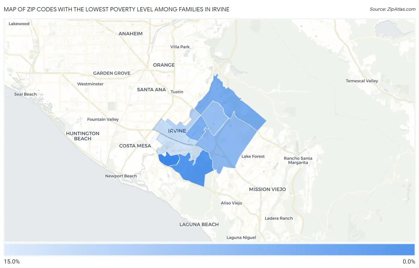 Zip Codes with the Lowest Poverty Level Among Families in Irvine Map