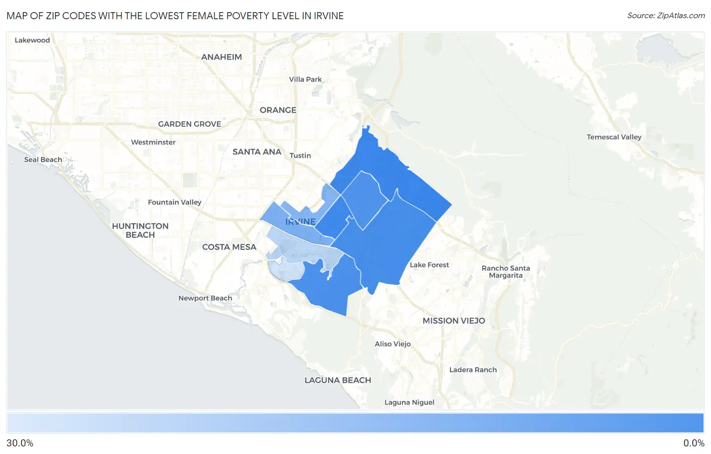 Zip Codes with the Lowest Female Poverty Level in Irvine Map
