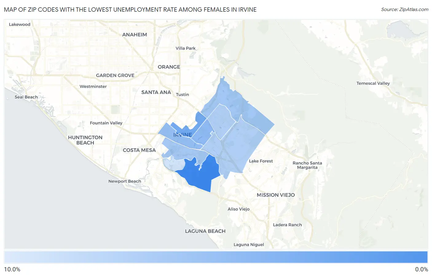 Zip Codes with the Lowest Unemployment Rate Among Females in Irvine Map