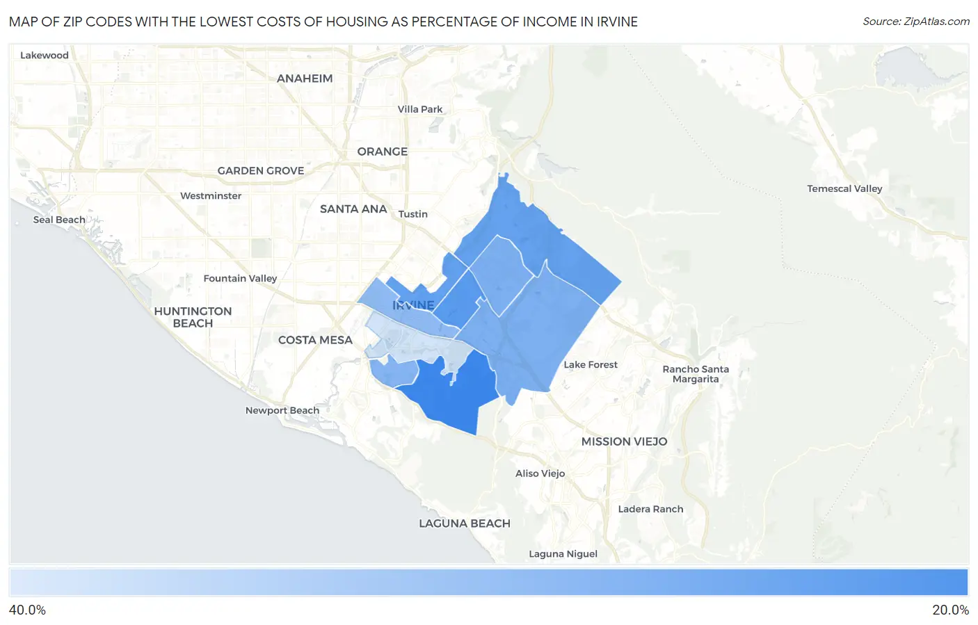 Zip Codes with the Lowest Costs of Housing as Percentage of Income in Irvine Map