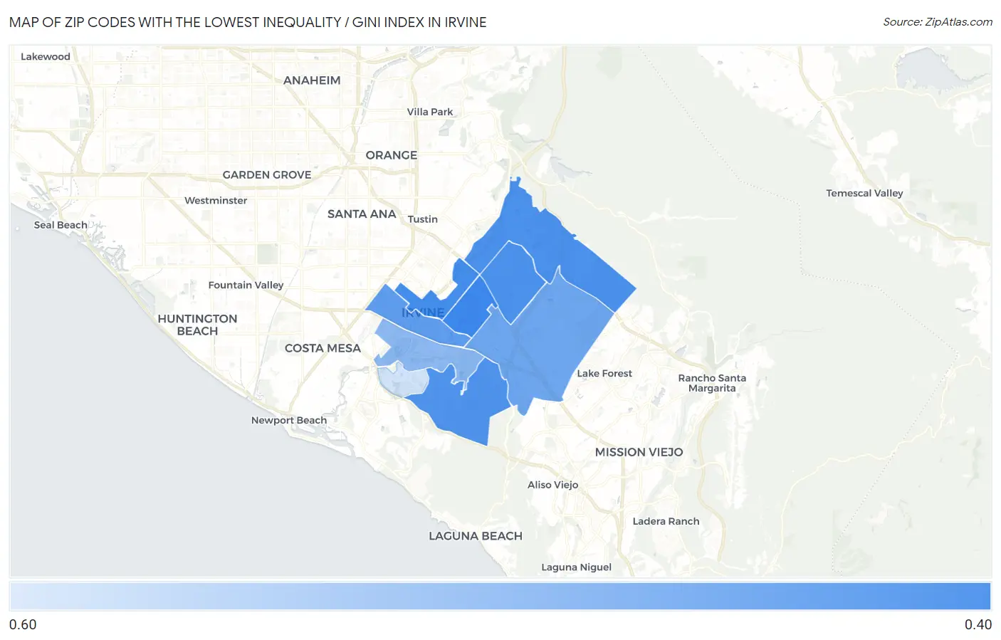 Zip Codes with the Lowest Inequality / Gini Index in Irvine Map