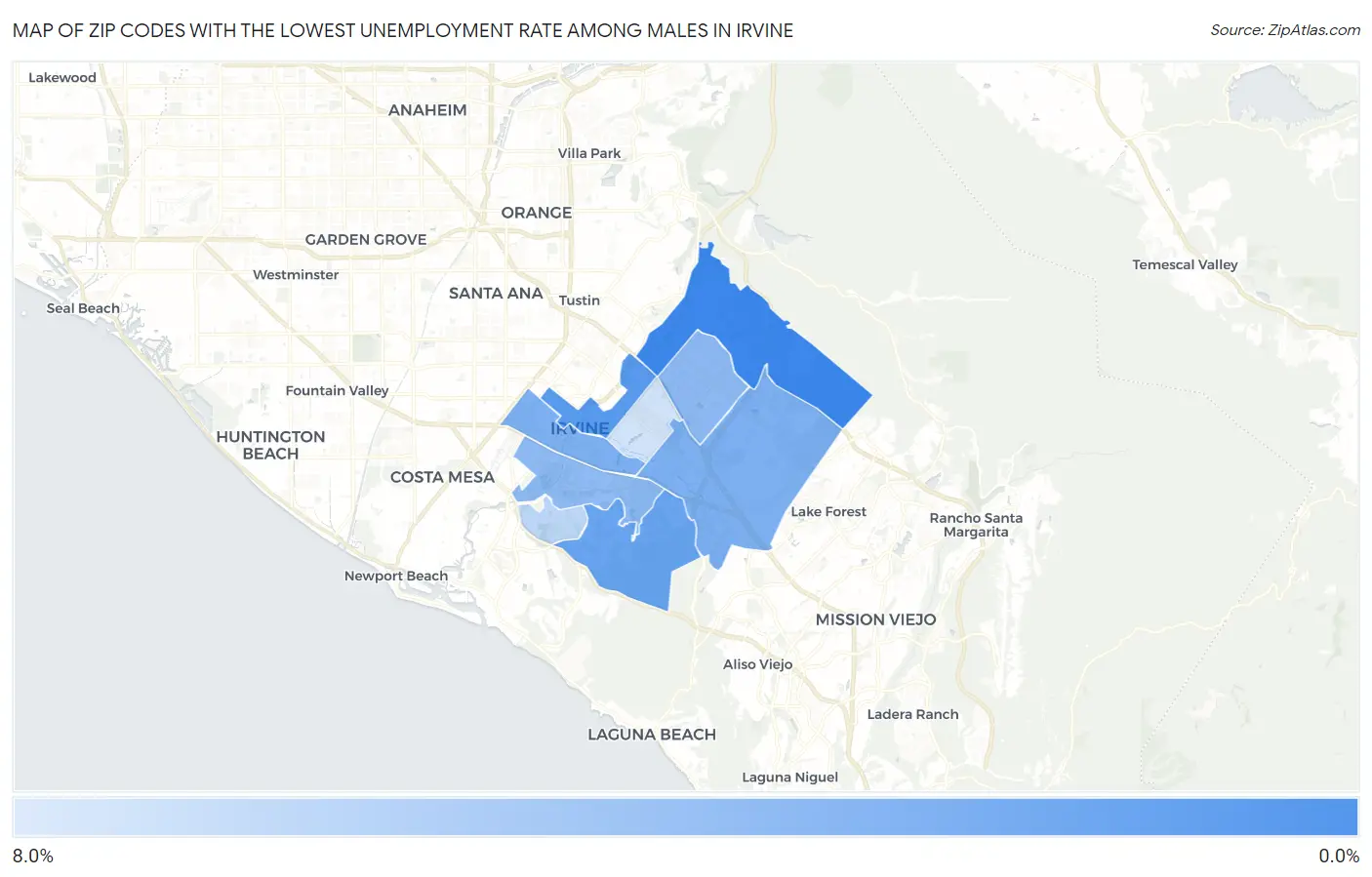 Zip Codes with the Lowest Unemployment Rate Among Males in Irvine Map