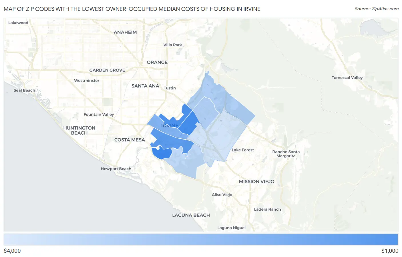 Zip Codes with the Lowest Owner-Occupied Median Costs of Housing in Irvine Map