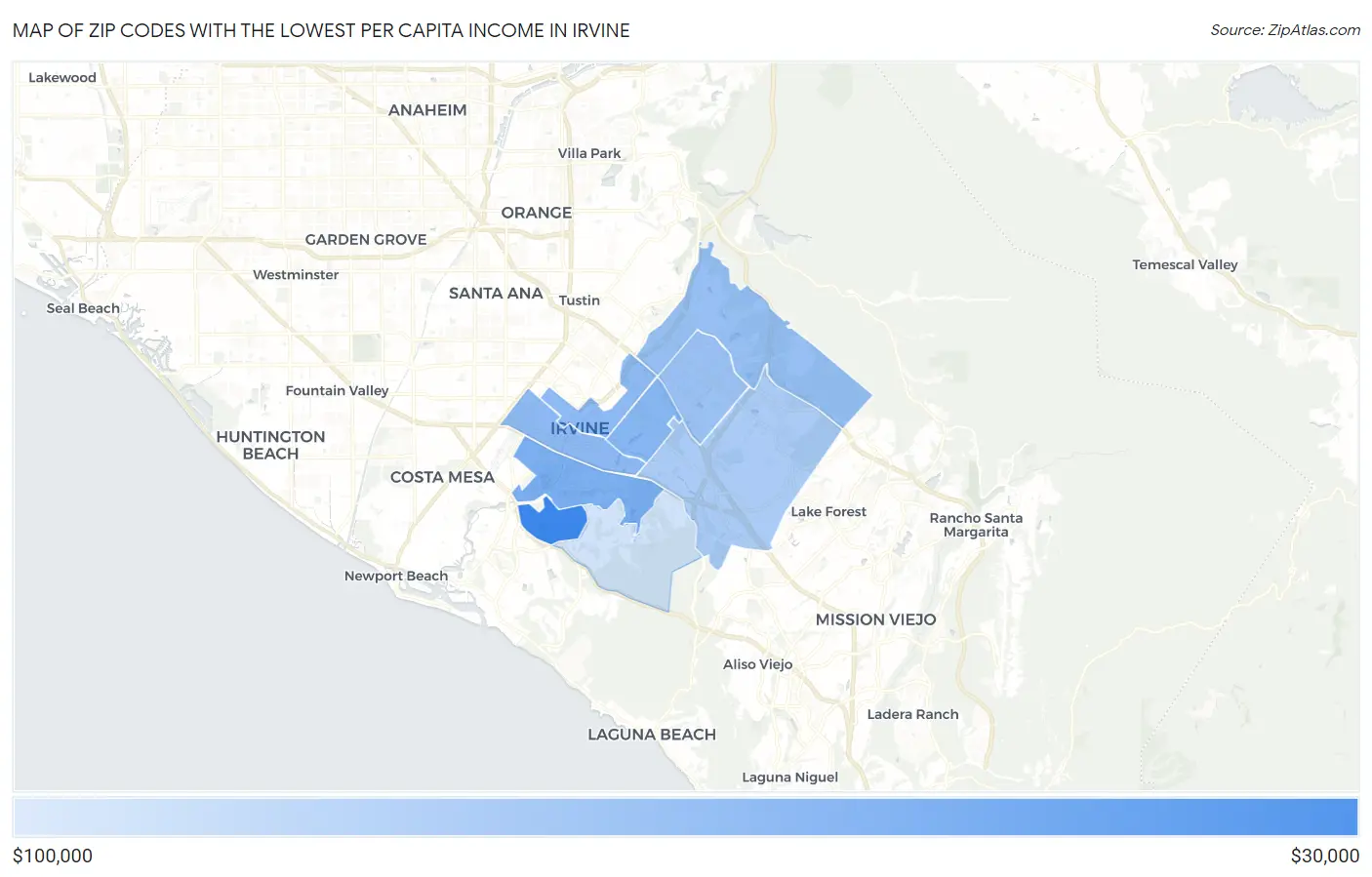 Zip Codes with the Lowest Per Capita Income in Irvine Map